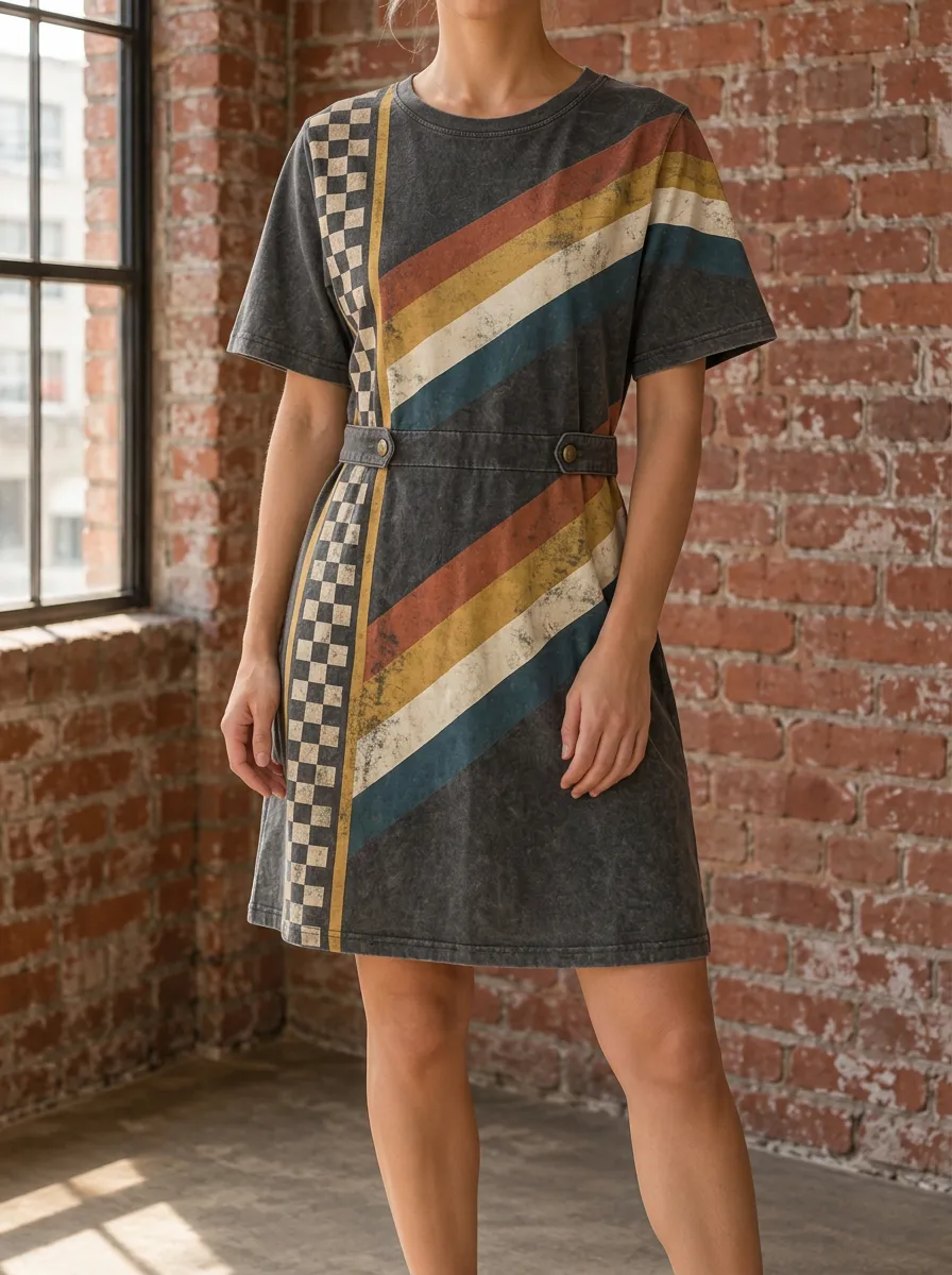 Women's Vintage Retro Checkerboard Striped Printed Dress