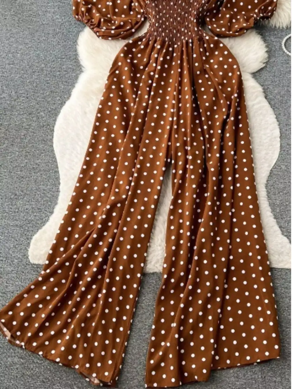 Smocked V Neck Wide Leg Jumpsuit