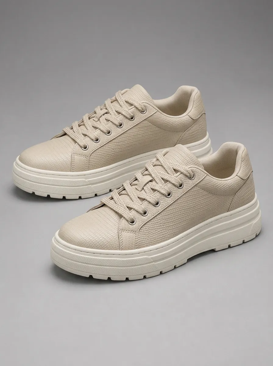 Men's Beige Faux Lizard Skin Texture Printed Sneakers