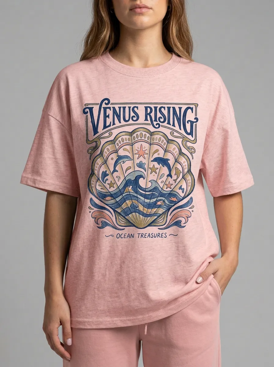 Women's Venus Rising Ocean Seashell Dolphin Graphic T-Shirt