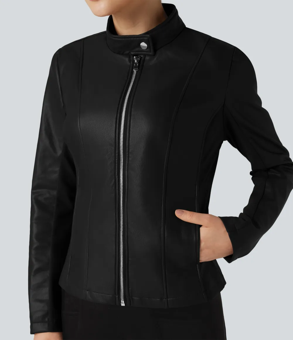 Stand Collar Zipper Long Sleeve Fleece Casual PU Faux Leather Jacket with Pockets