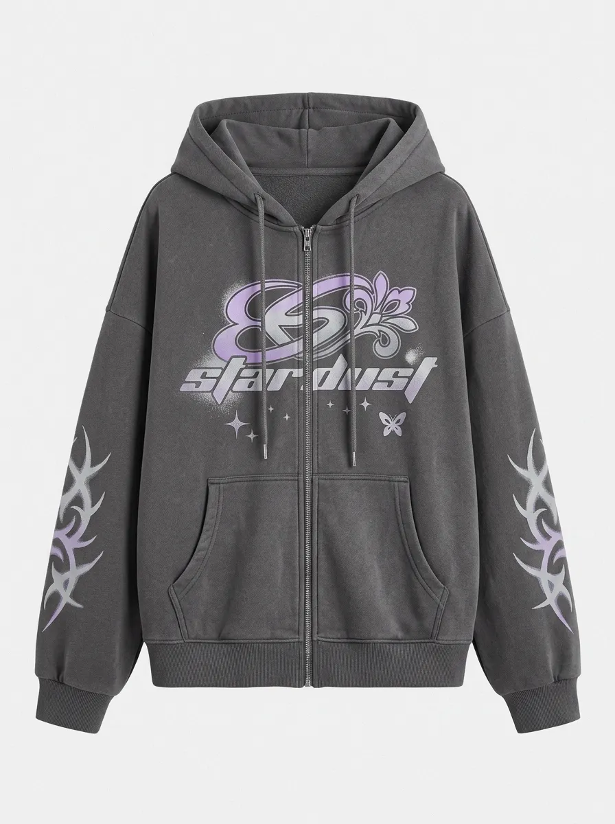 Unisex Streetwear Stardust Butterfly Tribal Printed Zip-up Hoodie
