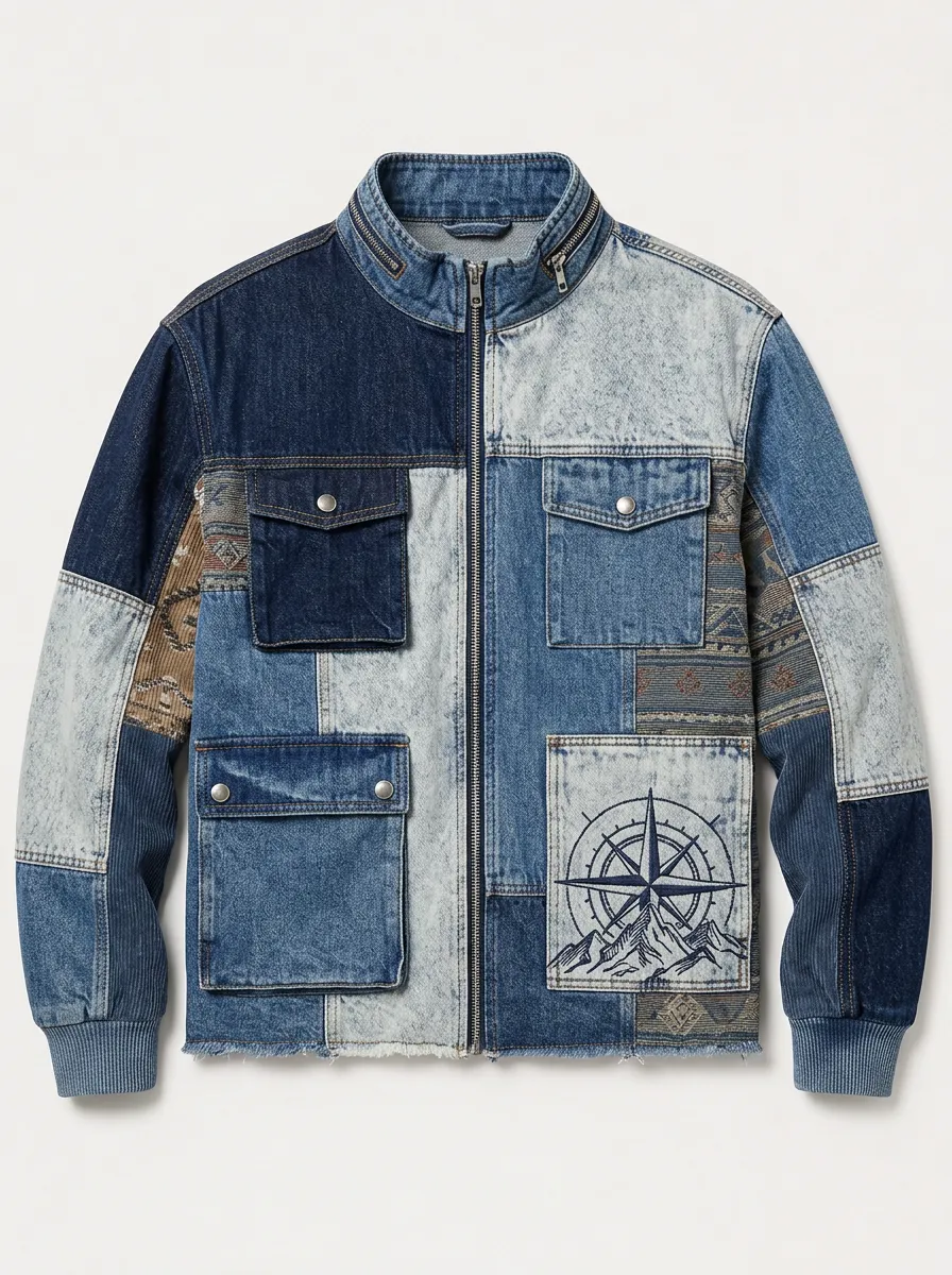 Men's Adventure Compass Mountain Printed Patchwork Denim Jacket