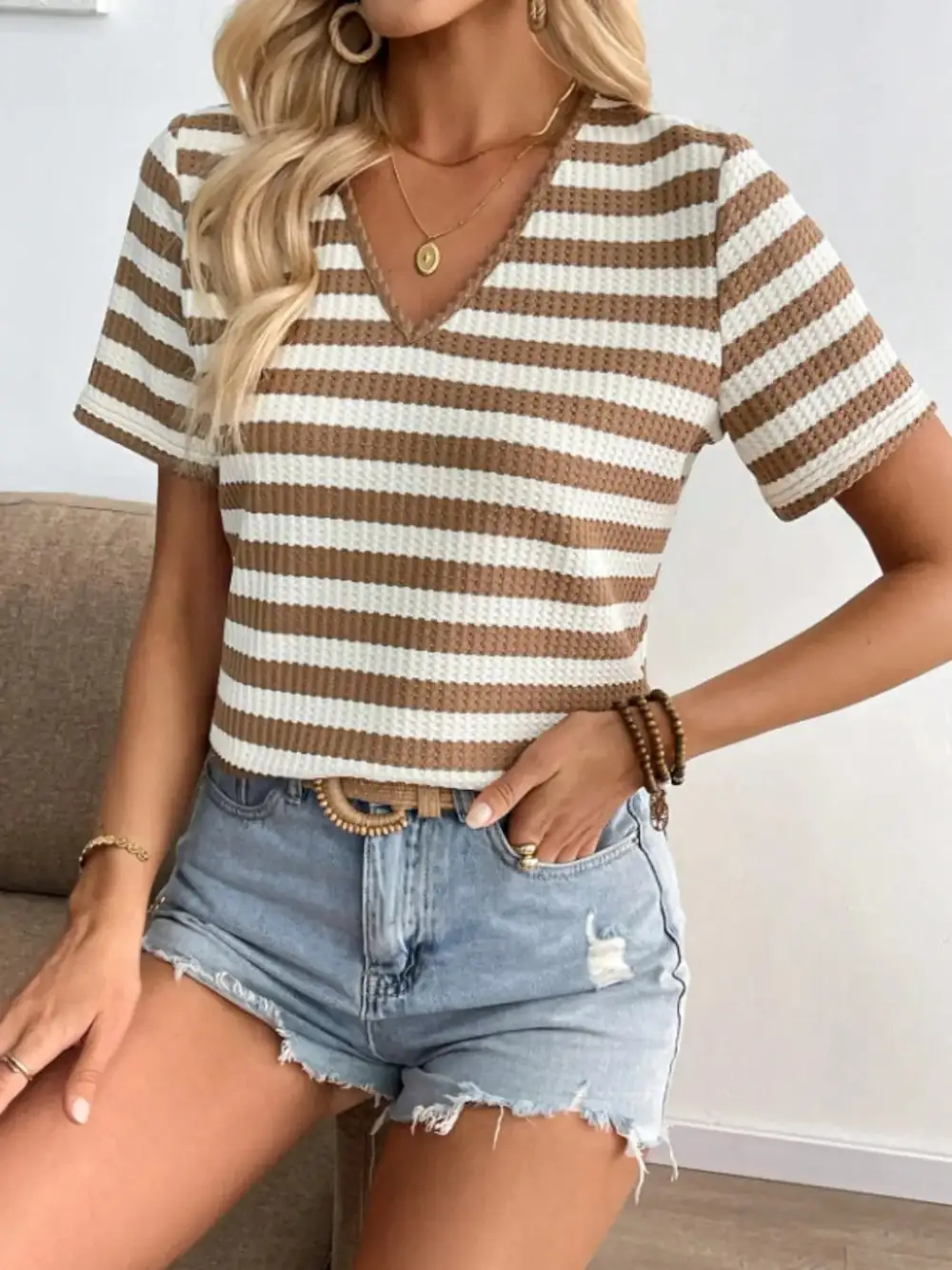 V-Neck Short-Sleeve Knit Striped T-Shirt