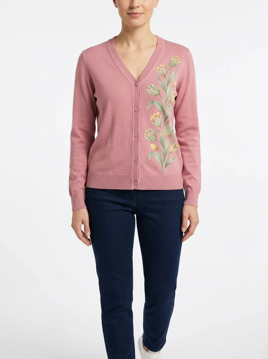 Women's V-Neck Button-Front Embroidered Cardigan