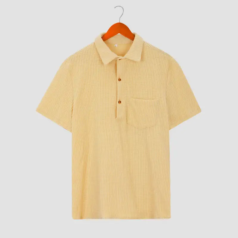 Waffle Texture Button Placket Chest Pocket Fine Knit Polo Shirt