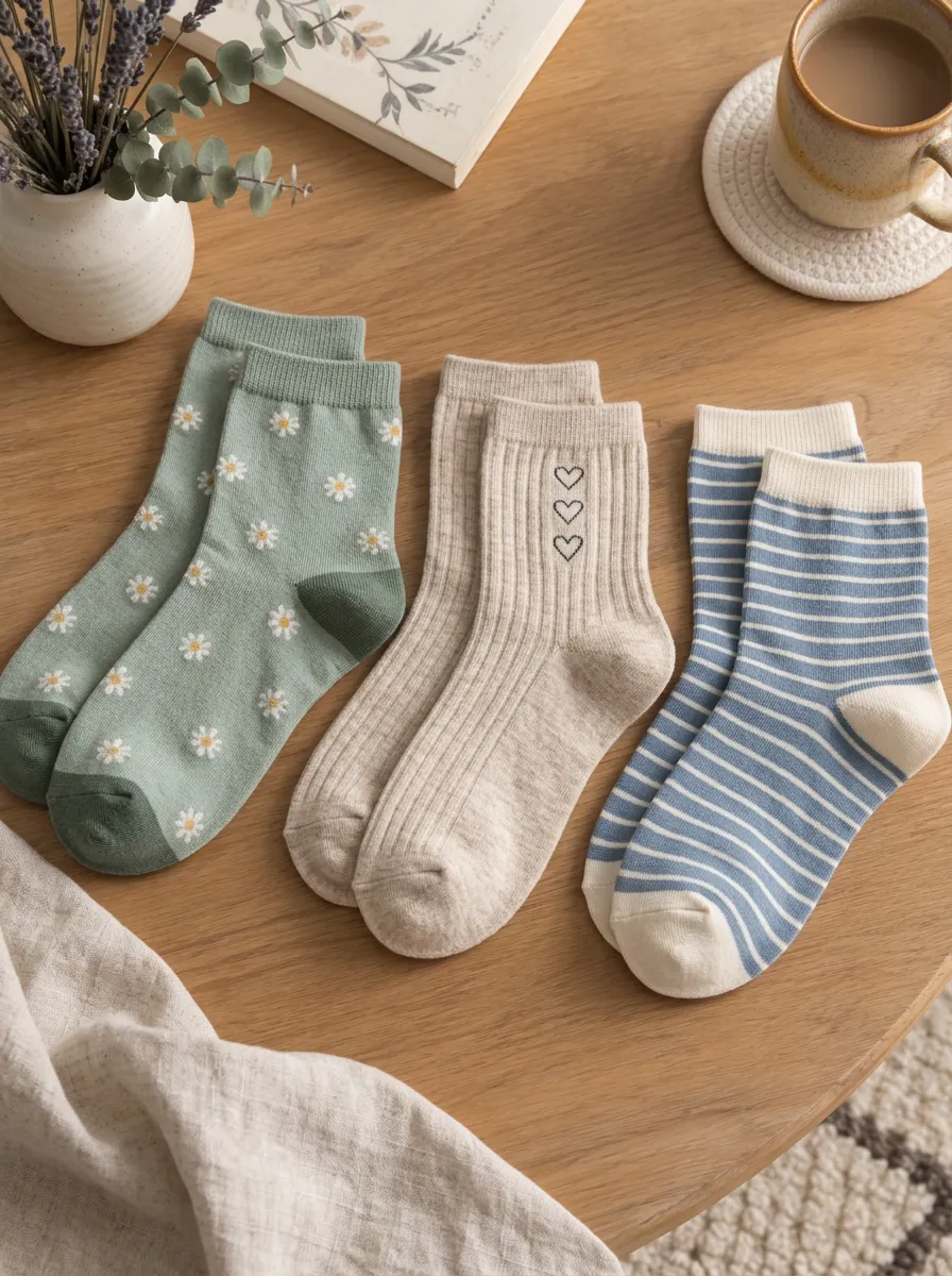 Women's Assorted Daisy Heart Ribbed Striped Embroidered Printed 3-Pack Crew Sock Set
