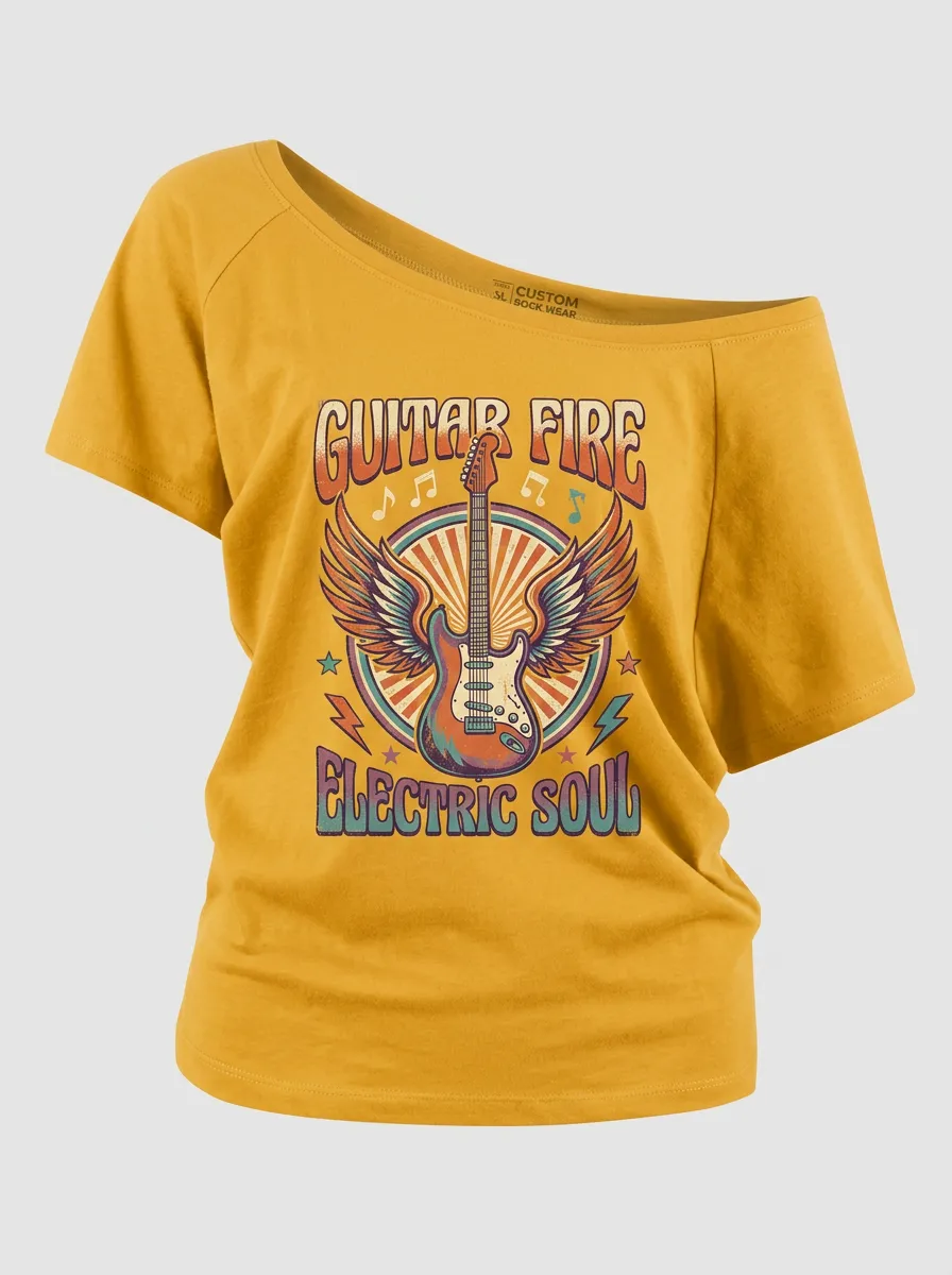Women's Rock Music Lover Winged Guitar Electric Soul Printed Off-Shoulder Top