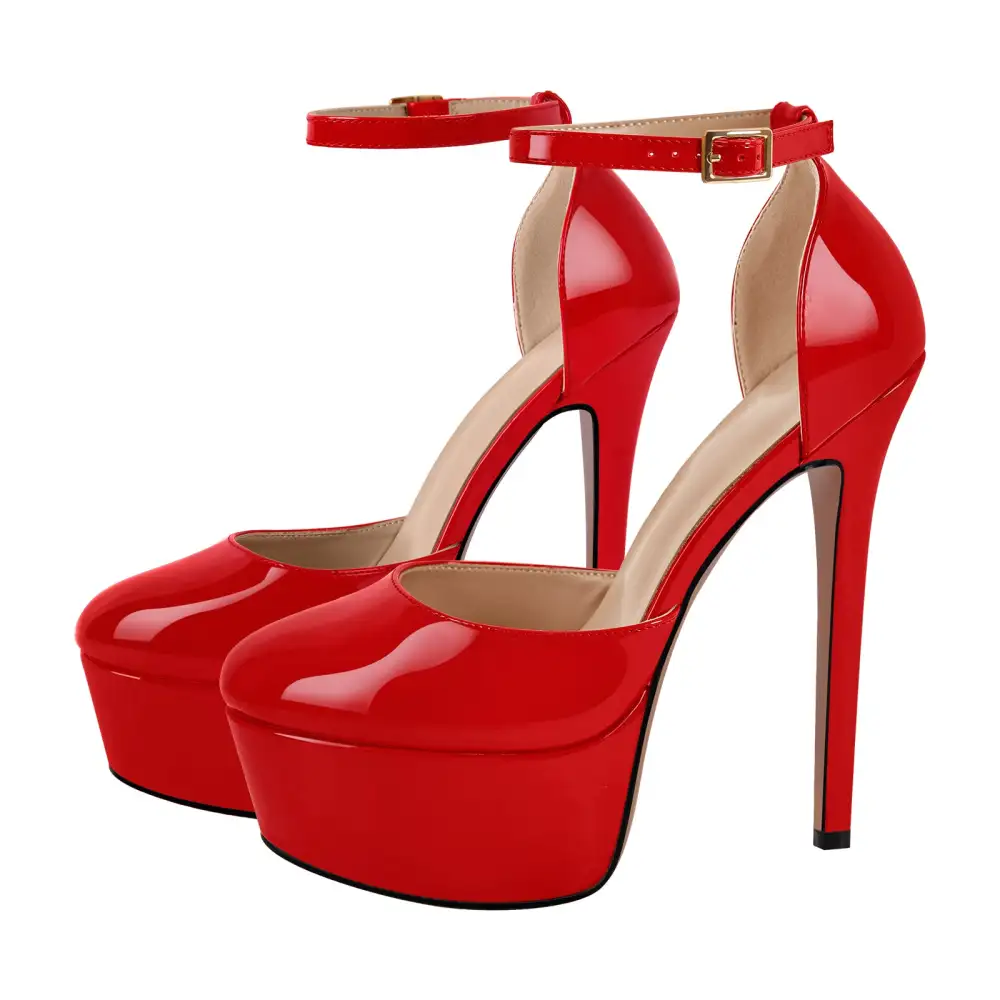 Round Toe Platform Stiletto Ankle Strap Pumps