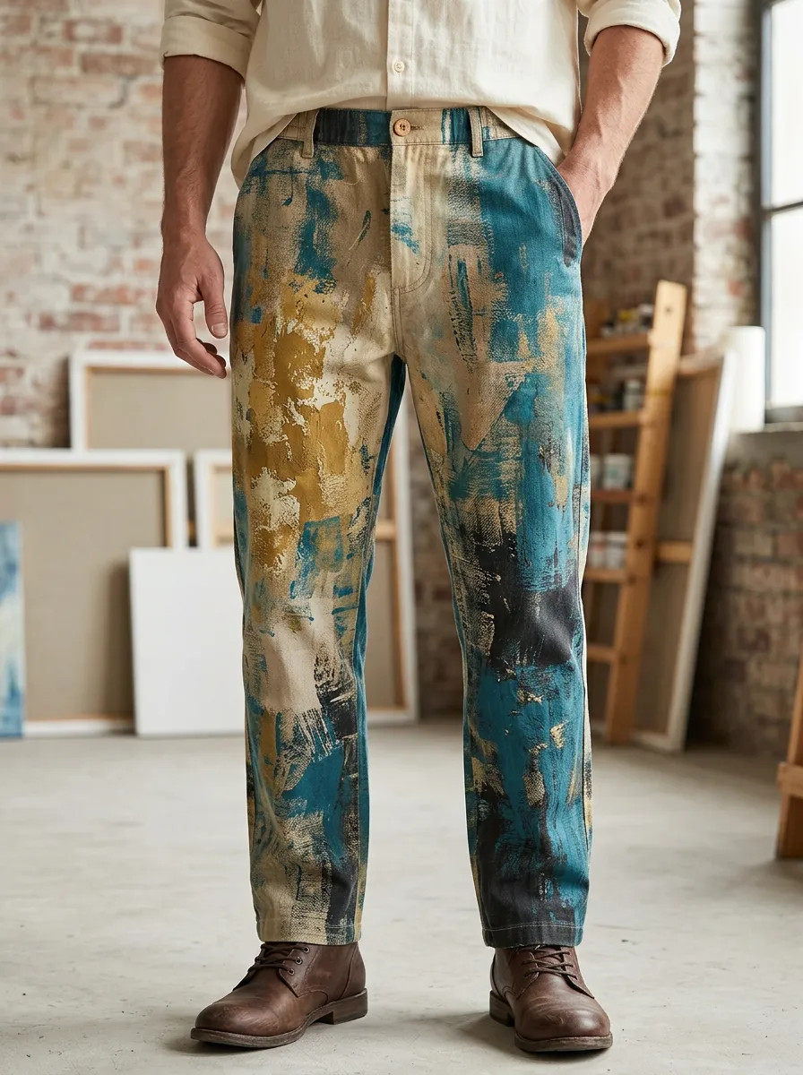 Men's Abstract Art Style Blue and Gold Painted Printed Pants