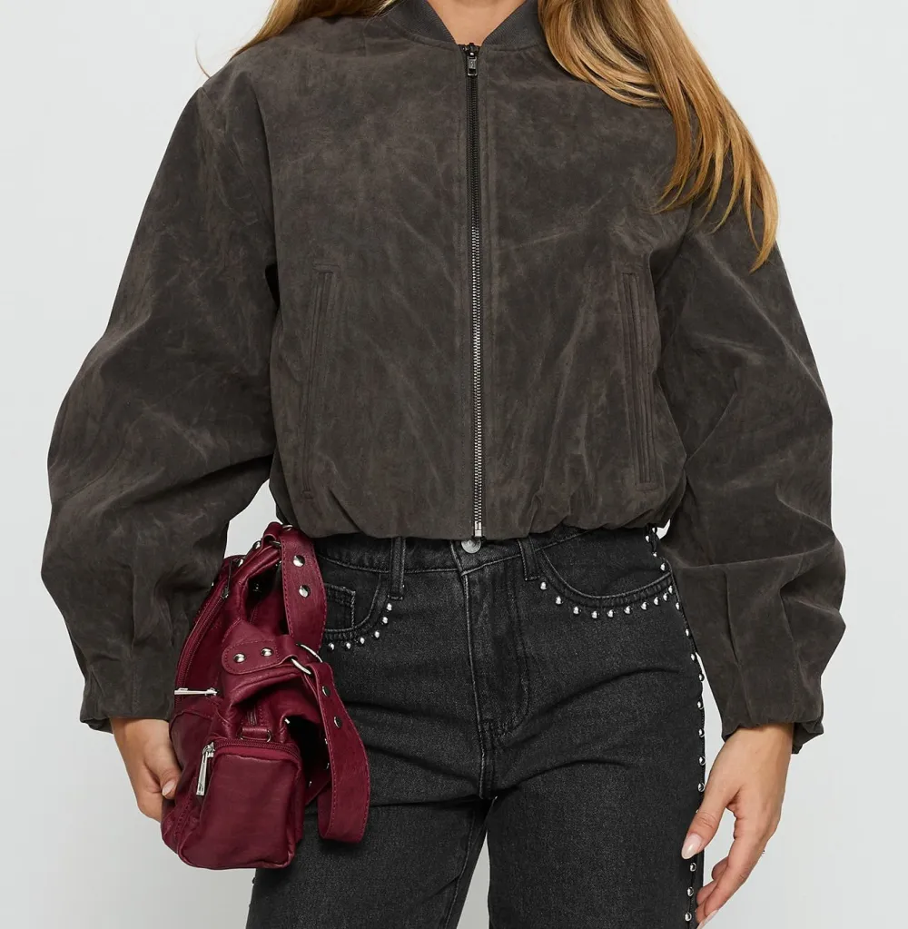 Charcoal Faux Suede Bomber Jacket