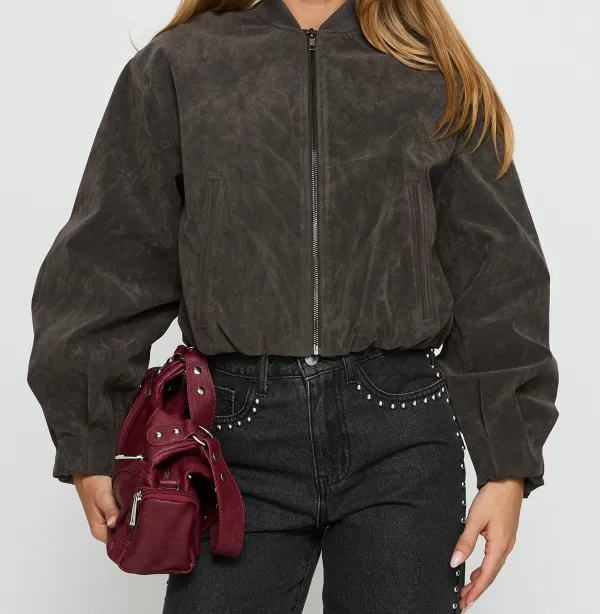 Charcoal Faux Suede Bomber Jacket