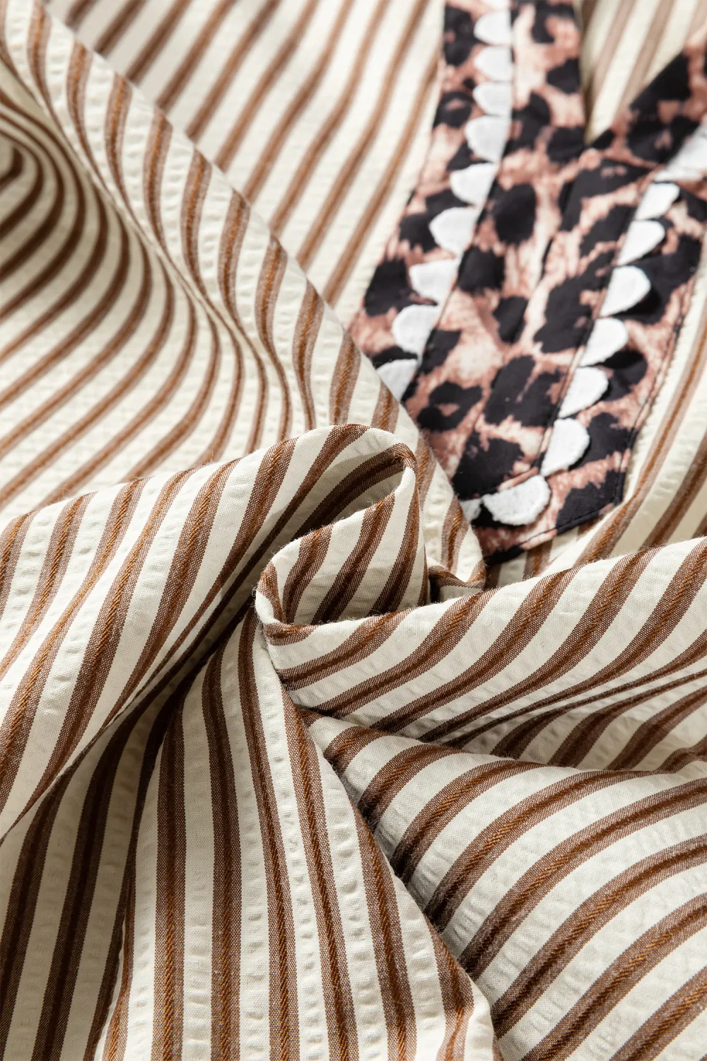 Brown Stripe Ricrac Trim Short Sleeve Blouse