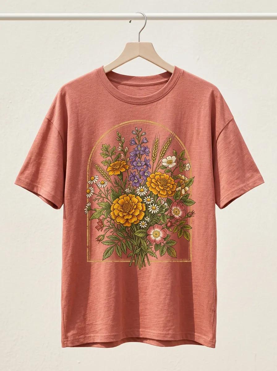 Women's Botanical Garden Lover Wildflower Bouquet Printed T-shirt