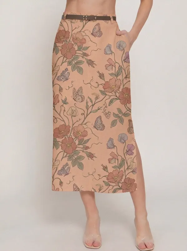 Women's Belted Floral Butterfly Nature Lover Printed Midi Skirt
