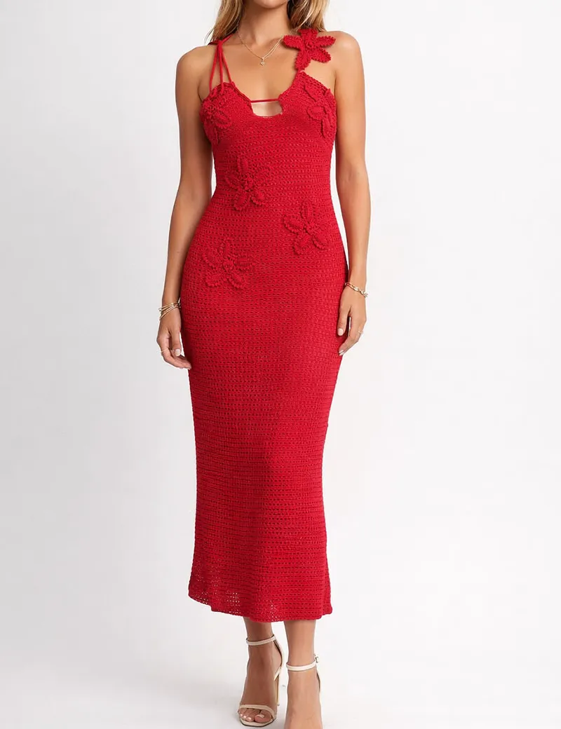 Crochet Applique Halter Bodycon Midi Dress