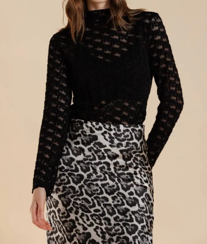 Relaxed Brushed Lace Mock Neck Textured Long Sleeve Tee