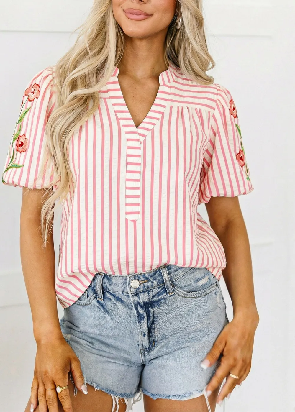 Women's Striped Embroidered V Neck Top