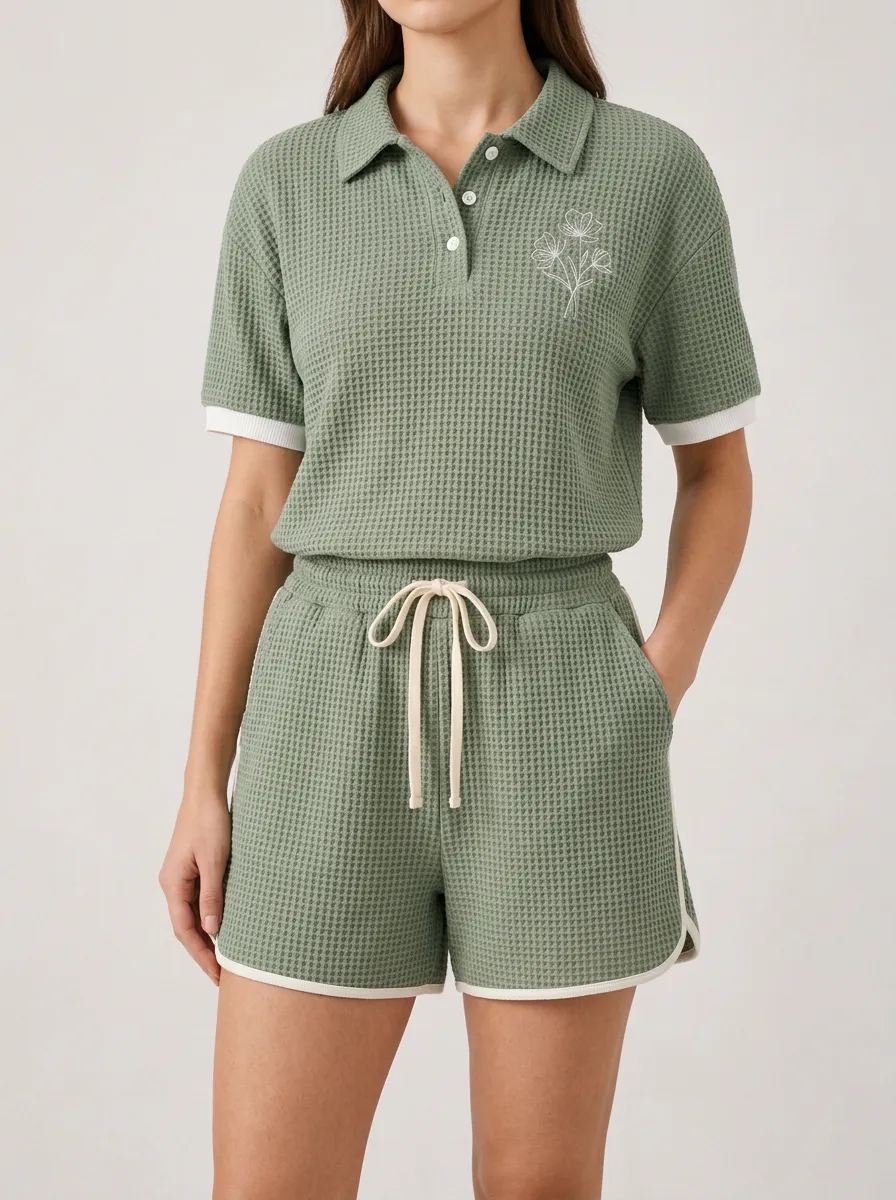 Unisex Contemporary Waffle Knit Floral Embroidered Polo Shirt