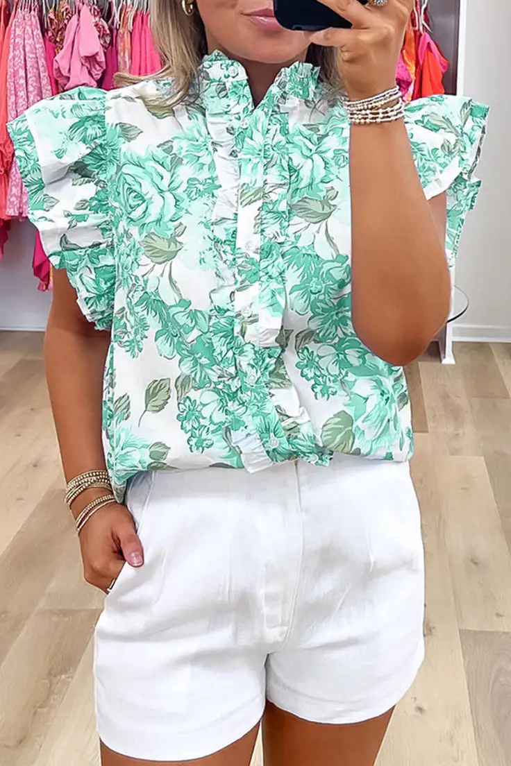 Floral Ruffled Button Front Shirt Blouse