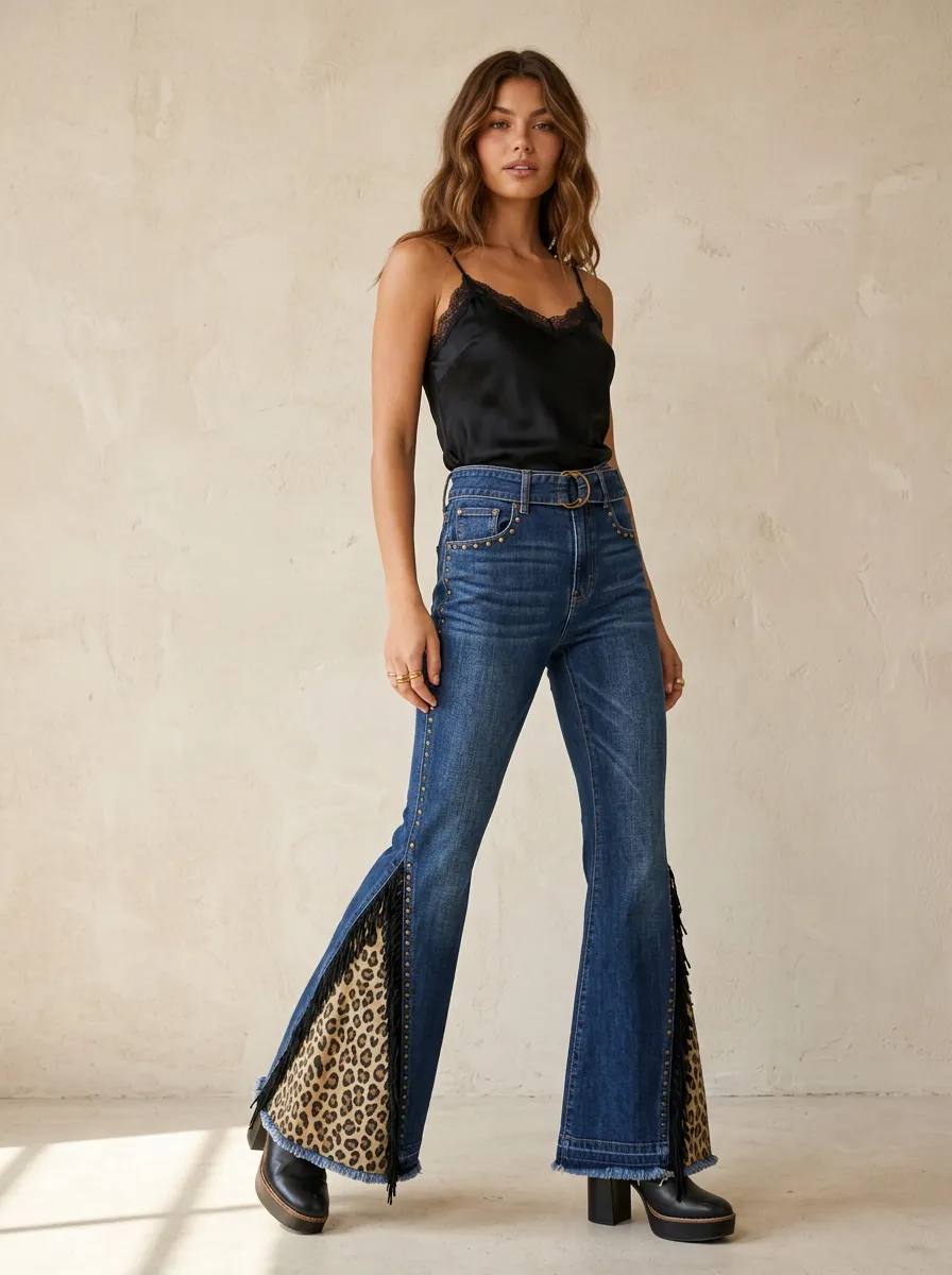 Women's Boho Fashion Leopard Print Fringed High Waisted Flare Jeans