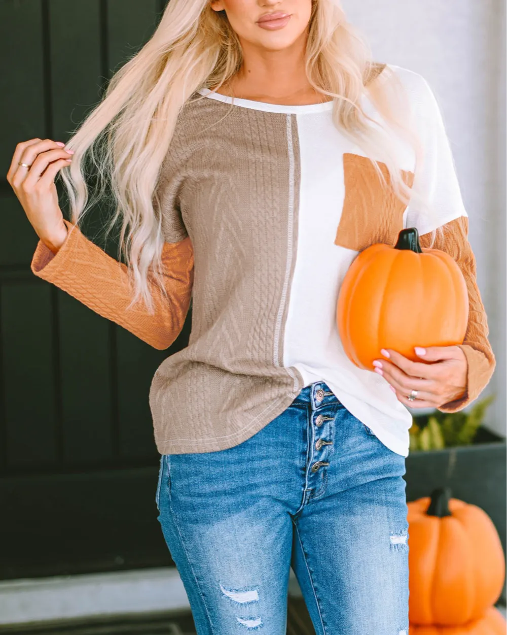 Women's Colorblock Textured Knit Long Sleeve Top