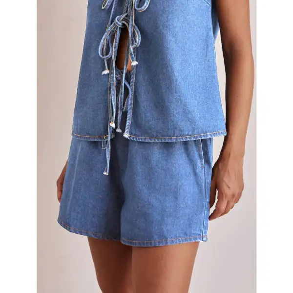 Textured Elastic Waist Denim Shorts