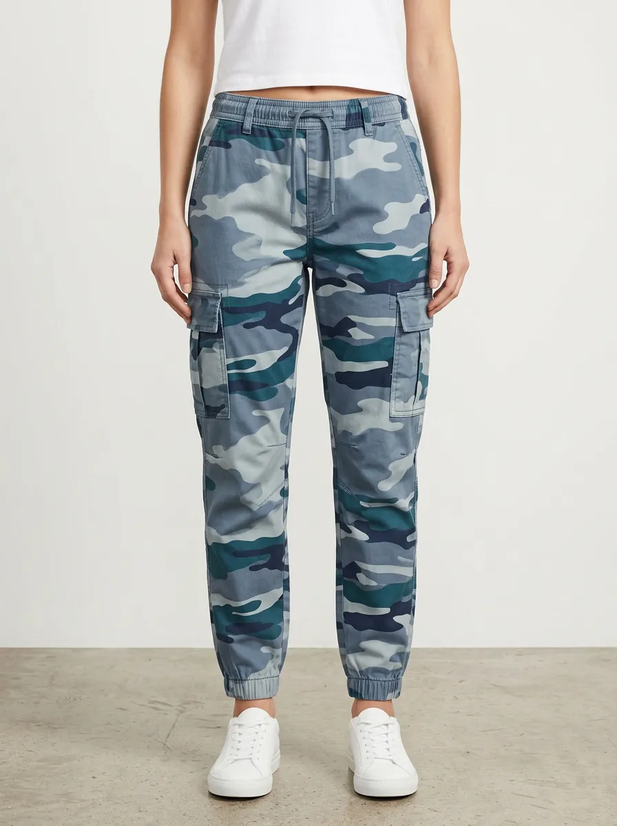 Women's Camouflage Mid-Rise Drawstring Cargo Joggers