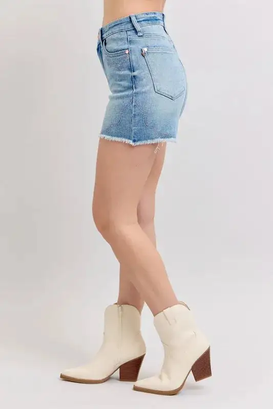High Waist Embroidery Detail Cut Shorts Denim Pants
