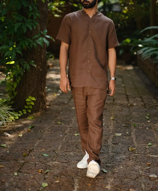 Brown Linen Pintuck Trousers