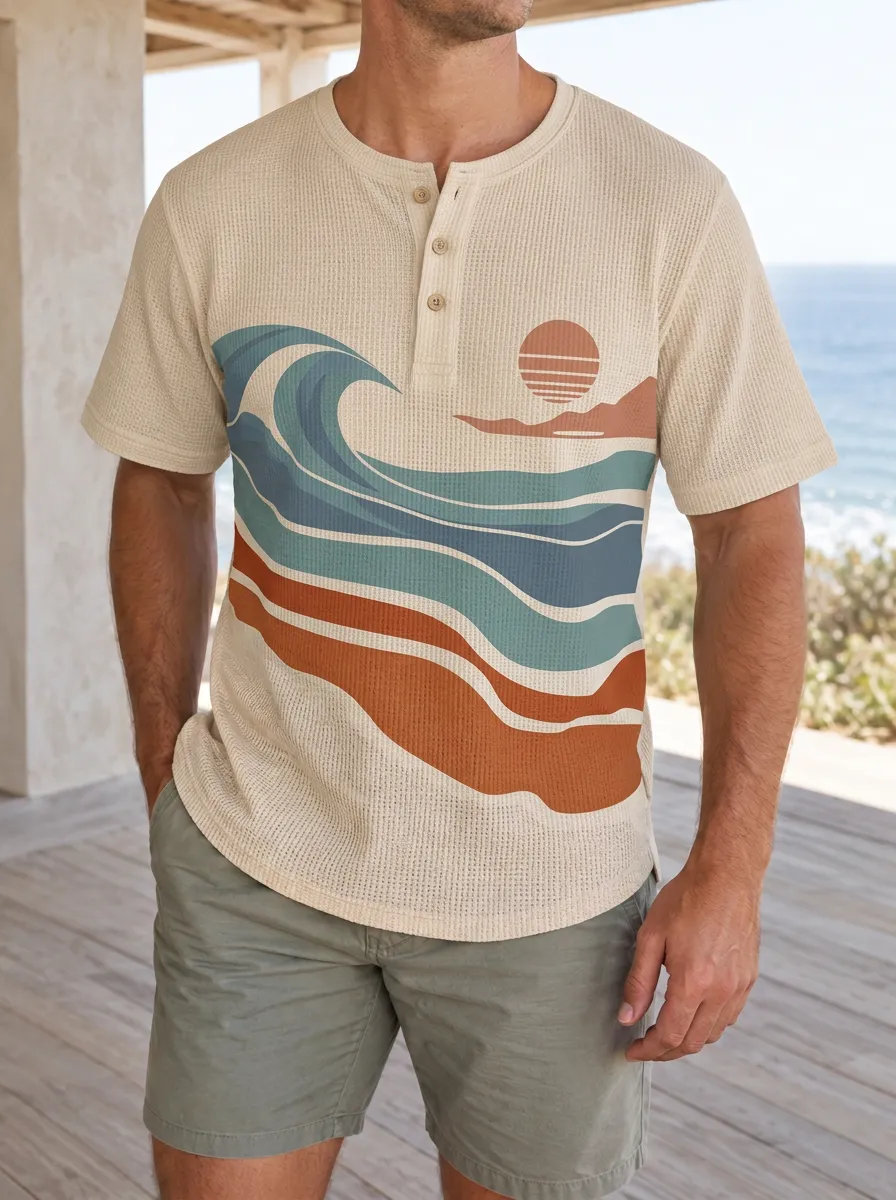 Men's Casual Beach Lover Ocean Wave Sunset Henley T-Shirt