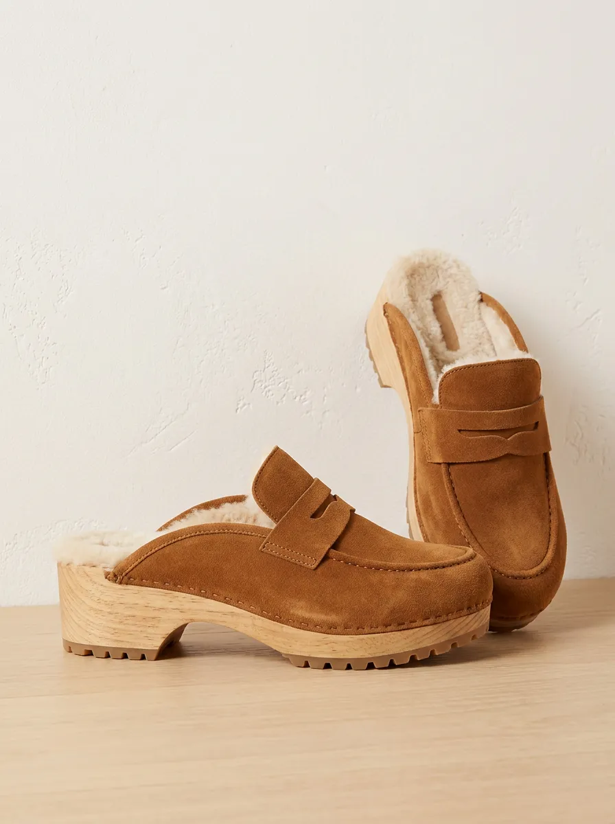 Women's Classic Faux Fur Lined Clog Style Winter Suede Wood Sole Loafers