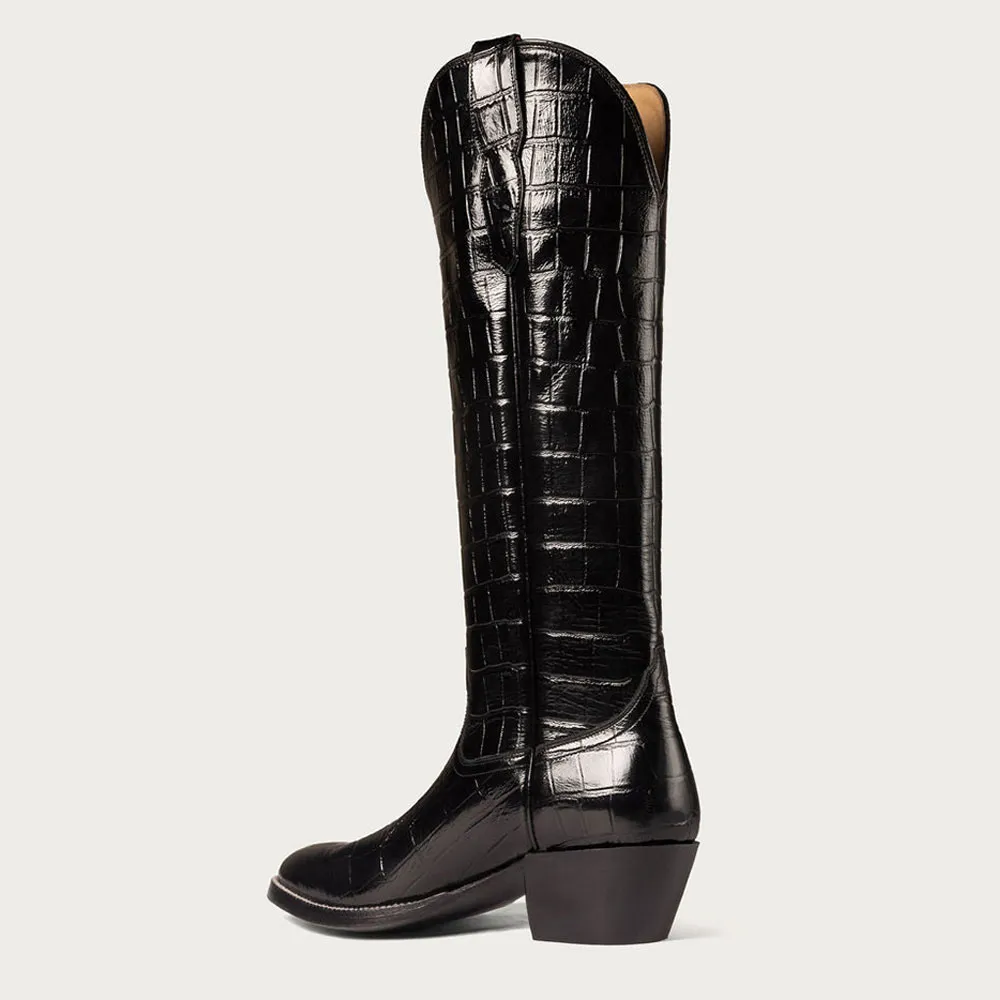 Classic Faux-Leather Crocodile-Embossed Round-Toe Chunky-Heel Knee-High Boots