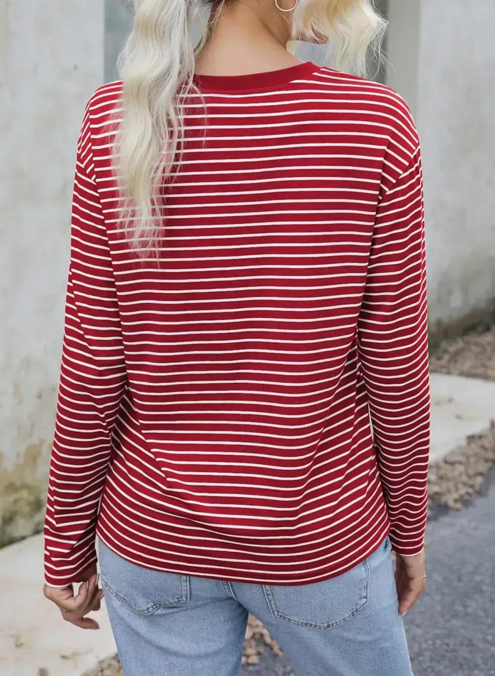 Dokotoo Women's Casual Striped Long Sleeve Tops Crew Neck Knit Ribbed Basic T Shirts