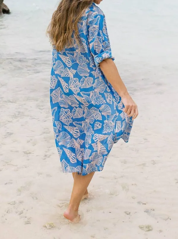Ocean Print Button Front Beach Cover Up
