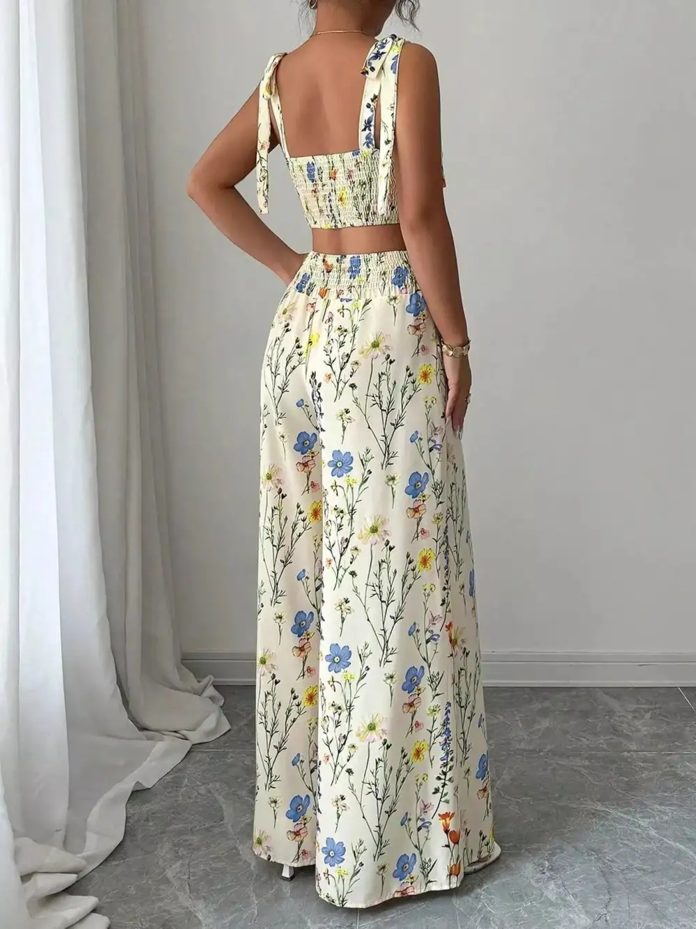 Floral Print Tie Shoulder Crop Top & Wide Leg