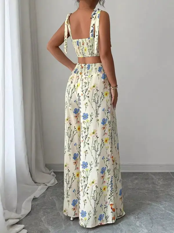 Floral Print Tie Shoulder Crop Top & Wide Leg