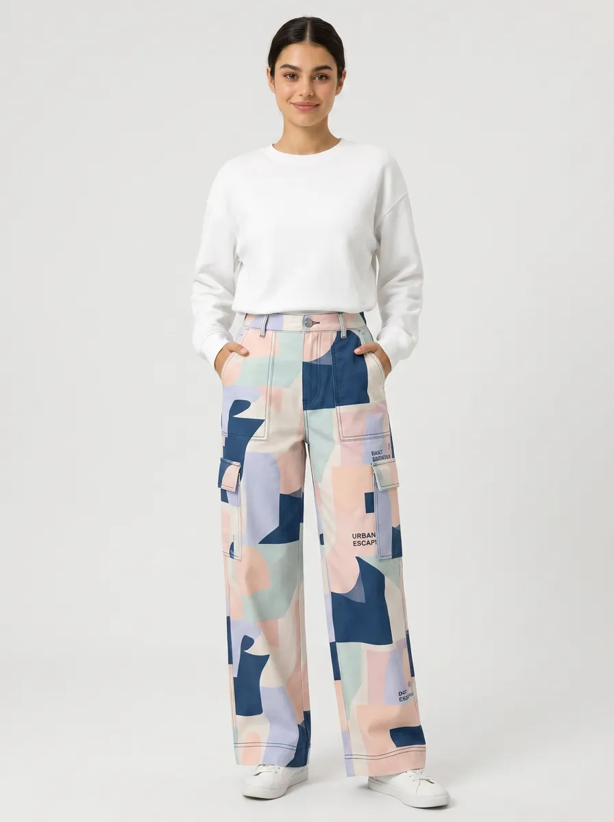 Women's Urban Style Geometric Pattern Printed Cargo Pants Set