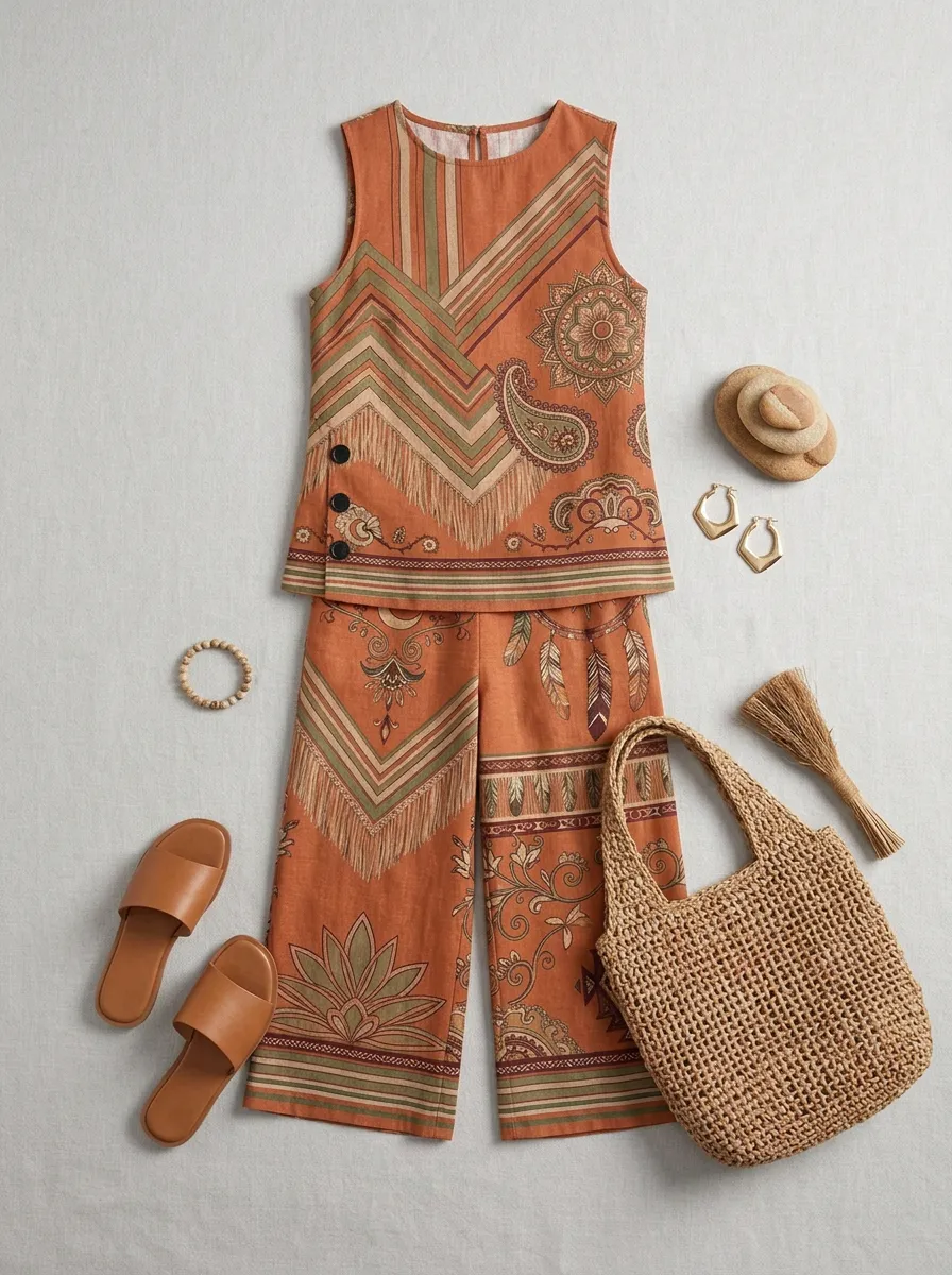 Women's Boho Paisley Sun Moon Printed Sleeveless Set