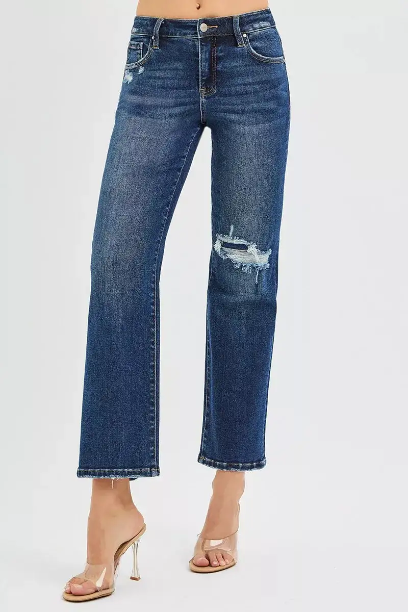 High-Rise Cropped Raw-Hem Distressed Slim Straight Jeans