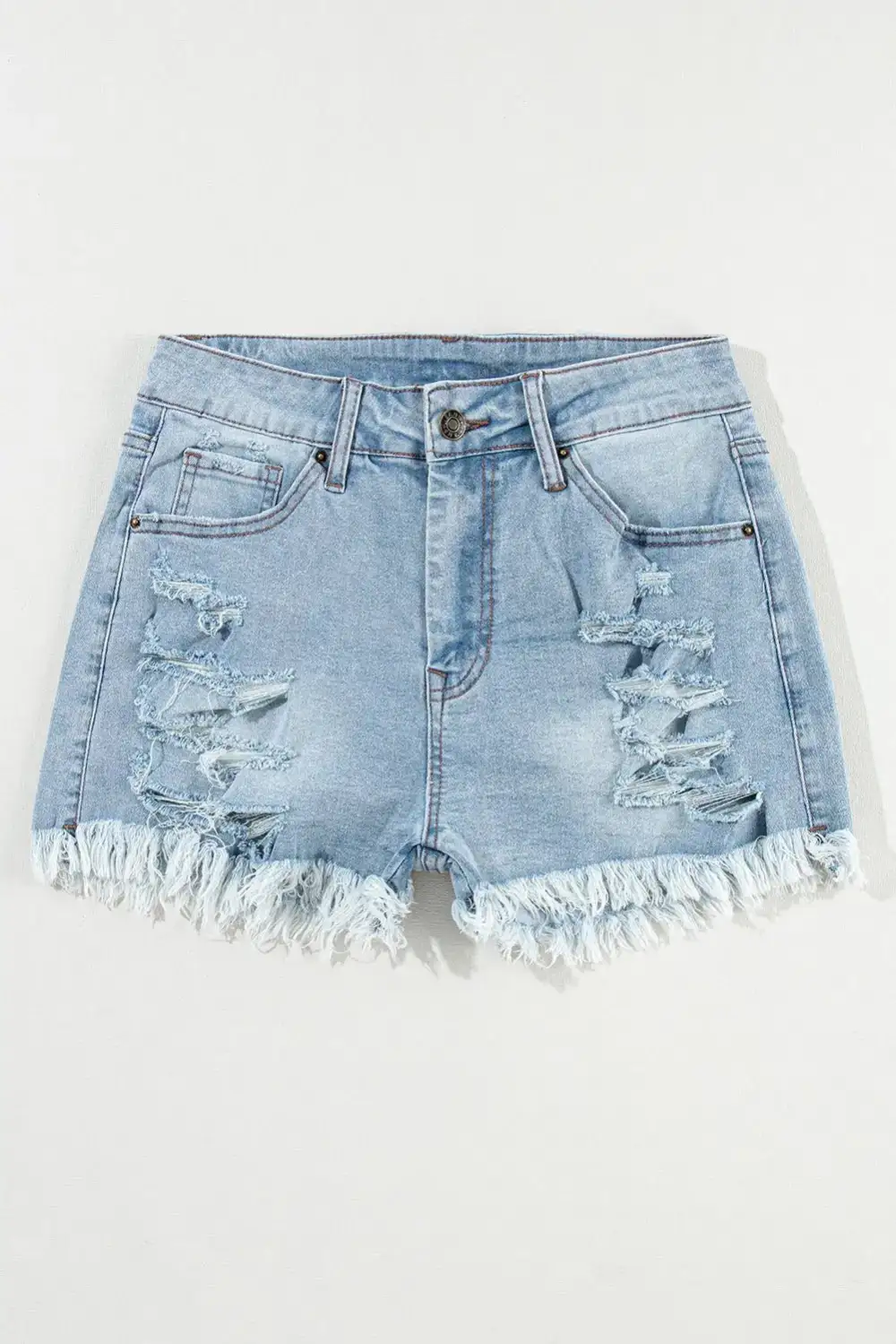 High Waist Pocketed Distressed Raw Hem Denim Shorts