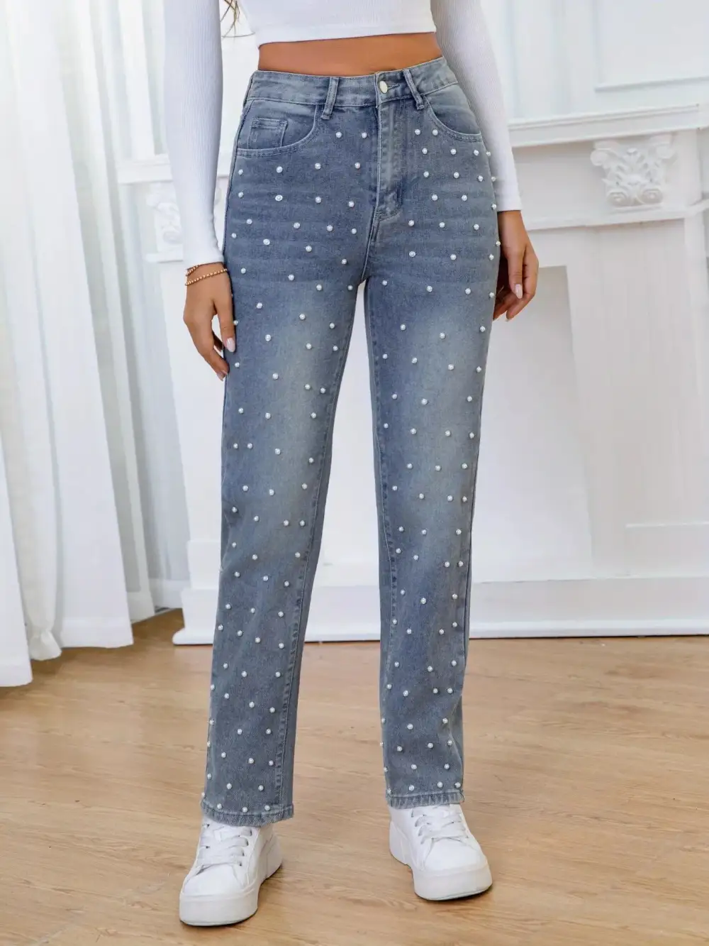 Denim High Rise Straight Leg Pocketed Jeans