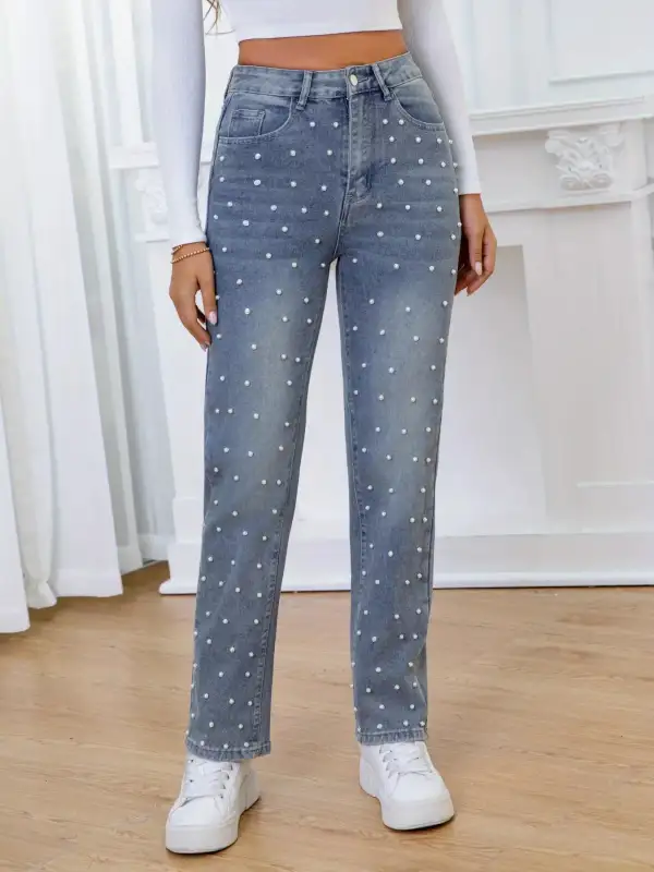 Denim High Rise Straight Leg Pocketed Jeans