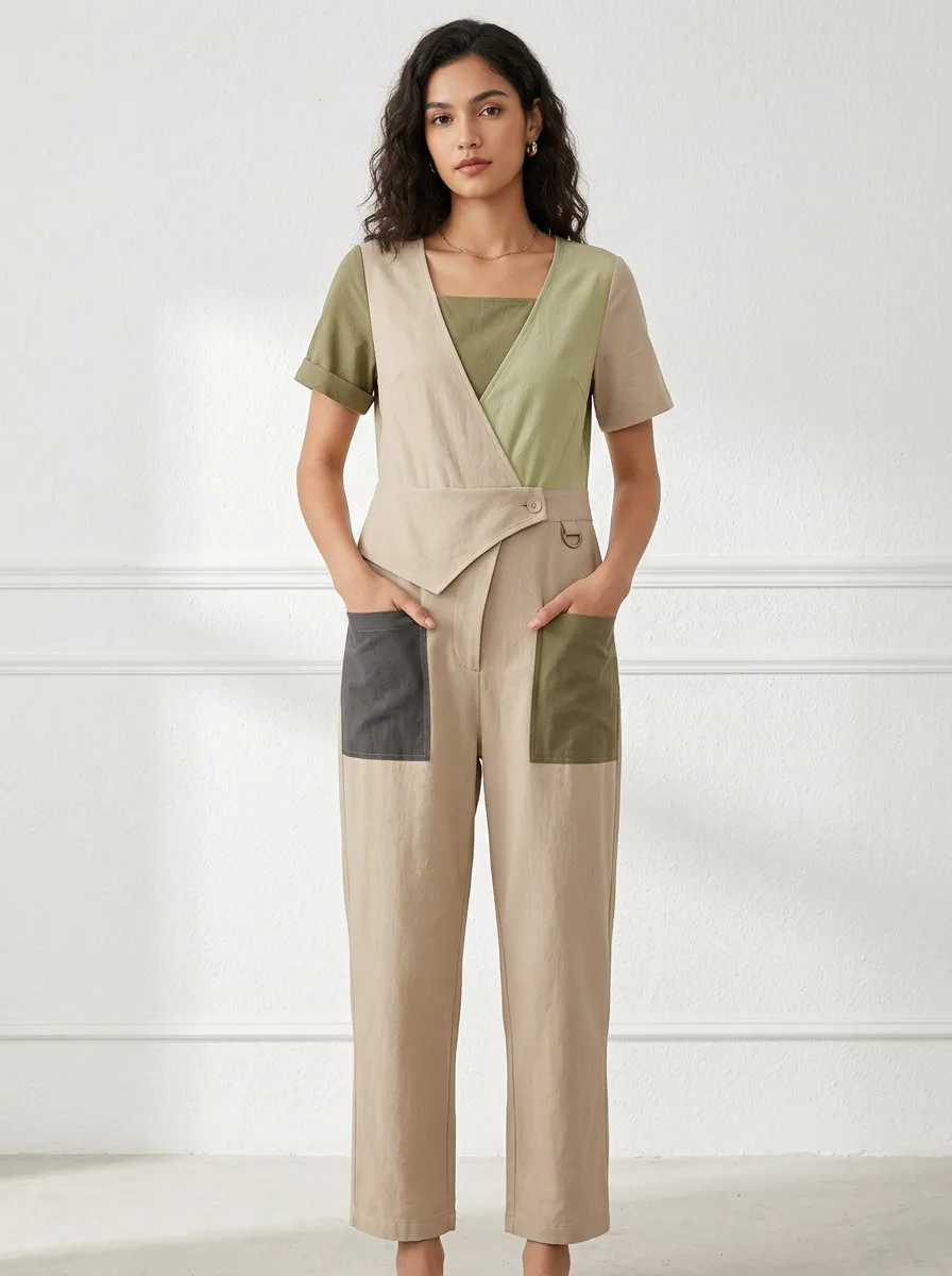Women's Casual Style Colorblock Patchwork V-Neck Jumpsuit