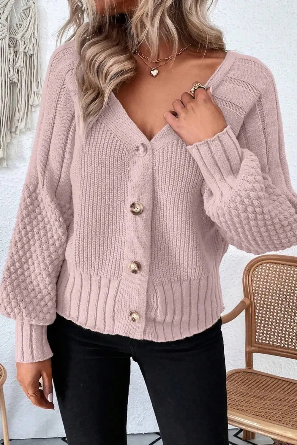 Textured Button Front V Neck Cardigan