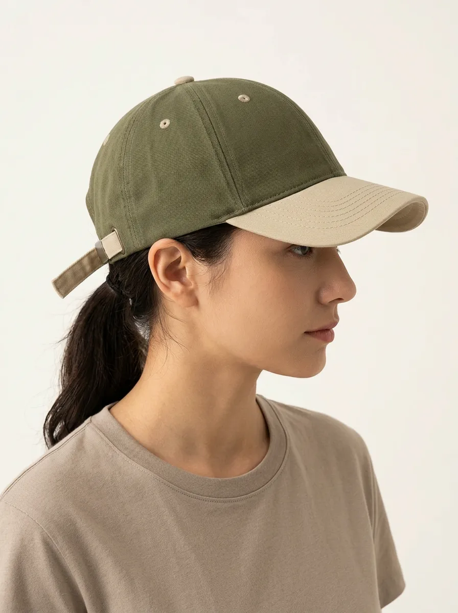 Unisex Olive Green Beige Two-Tone Cotton Baseball Cap