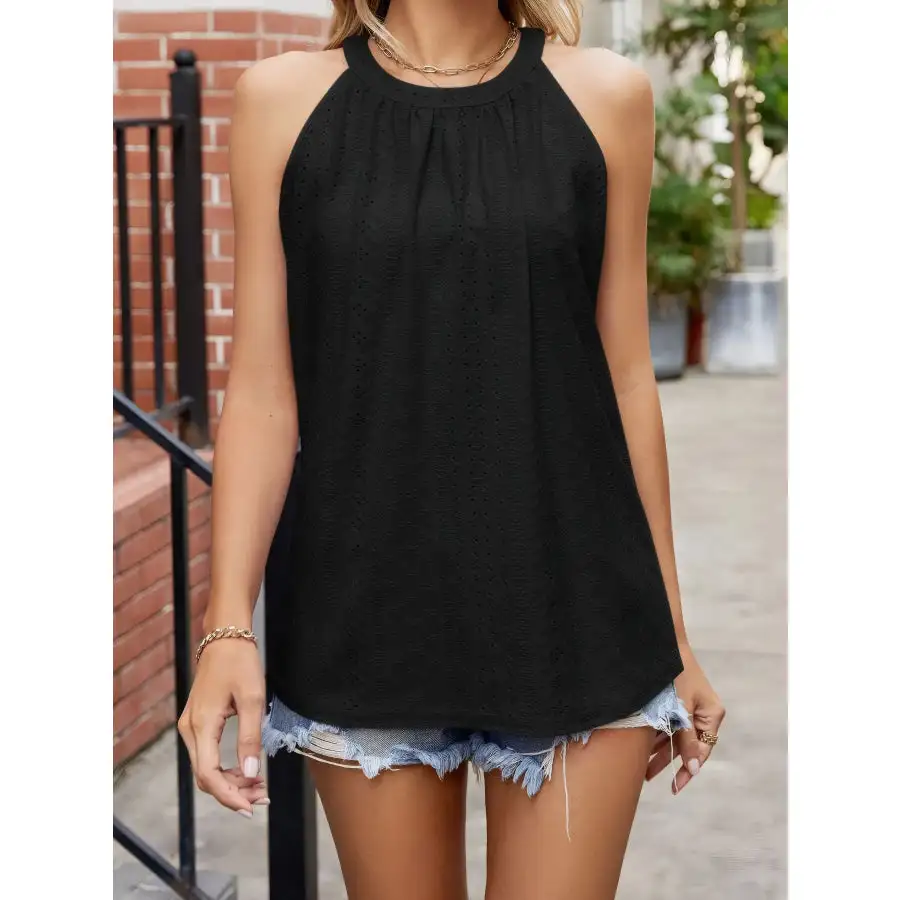 Eyelet Sleeveless Top With Gathered Detail