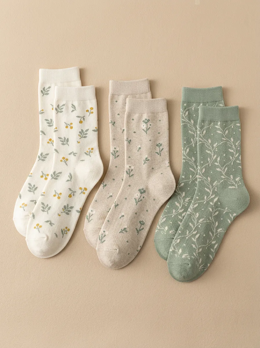 Women's Floral Vine Botanical Crew Socks Three Pair Set