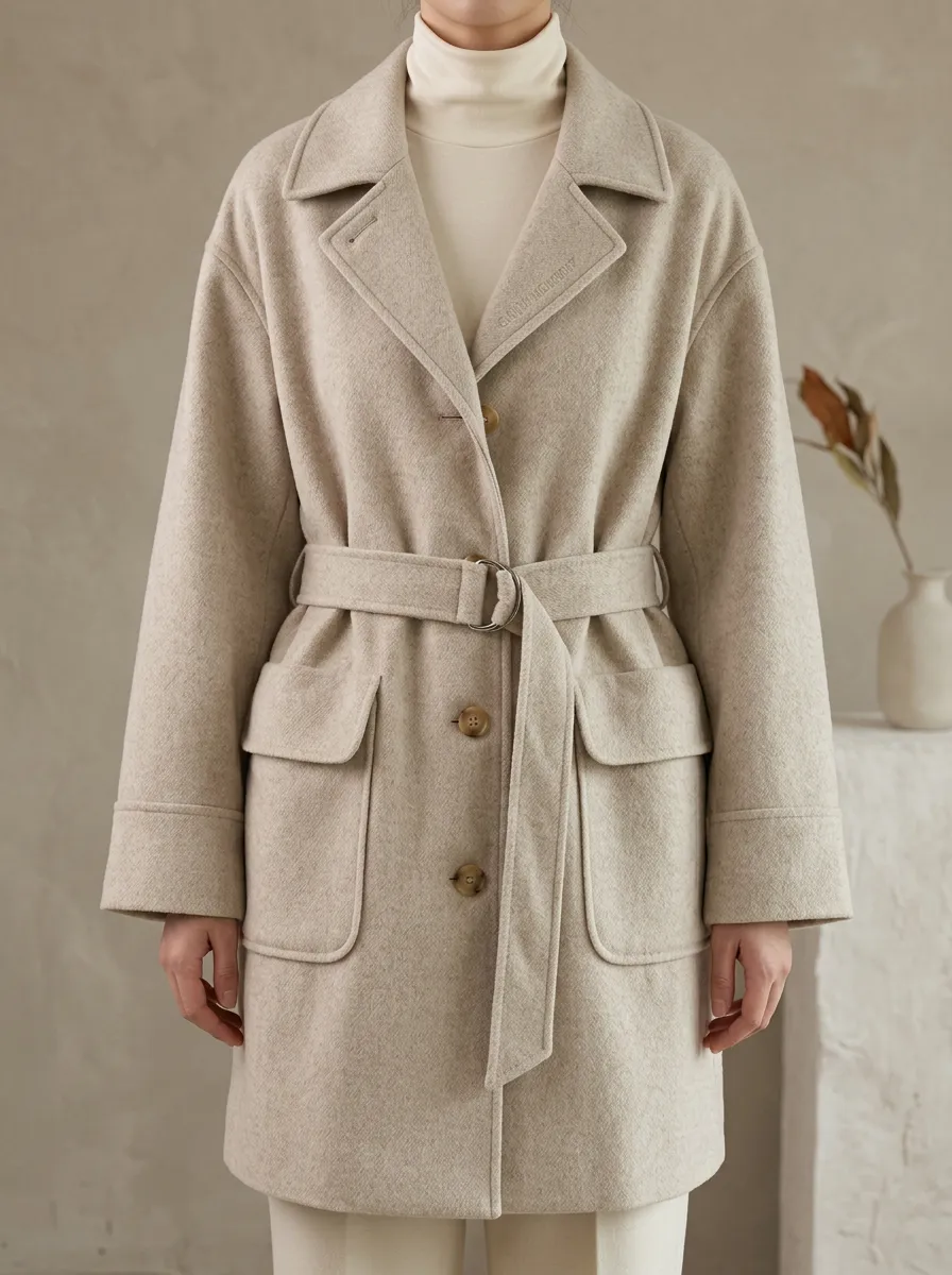 Notched Lapel Wool Blend Belted Trench Coat