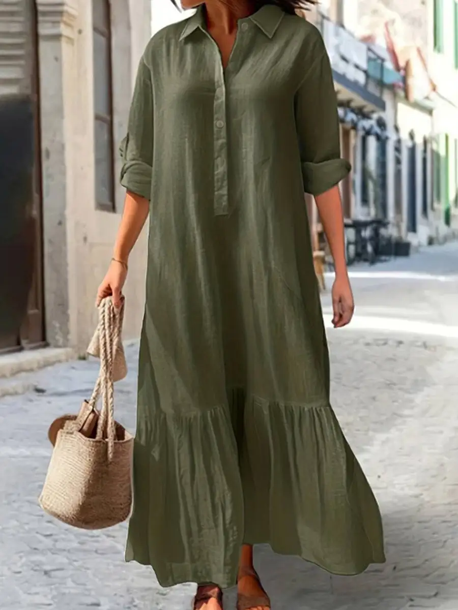Sleeves Pleated Buttoned Long Maxi Dress